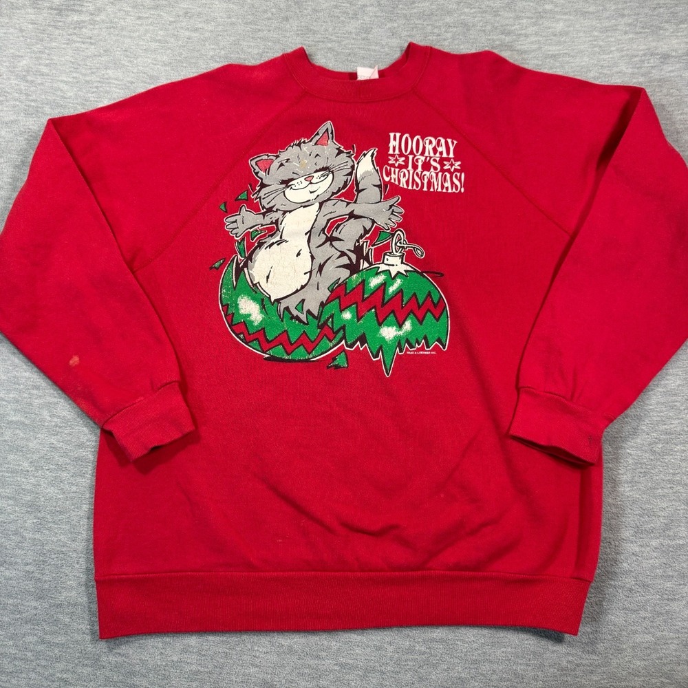 U.S. Sweats Sweatshirt Men XL Red Crewneck Hooray It's Christmas Cat Vintage 90s